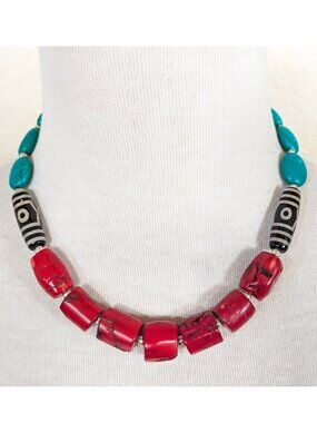 Southwestern Vibrant Red Coral & Turquoise Tribal Print Statement Necklace